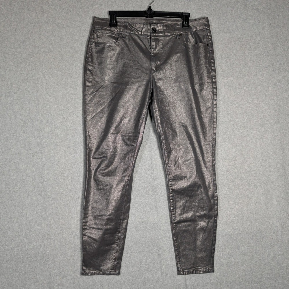 Chicos The Skinny Ankle Pants Womens 12 Silver Metallic Shimmer Space Age Rocker